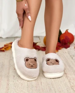 Royalfashion Jasnoszare damskie futrzane kapcie z misiem Hettres