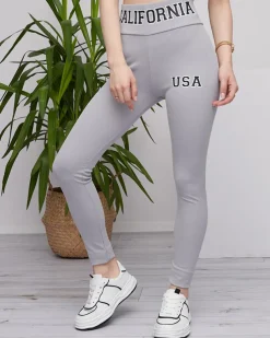 Royalfashion Jasnoszare damskie prążkowane legginsy z napisami