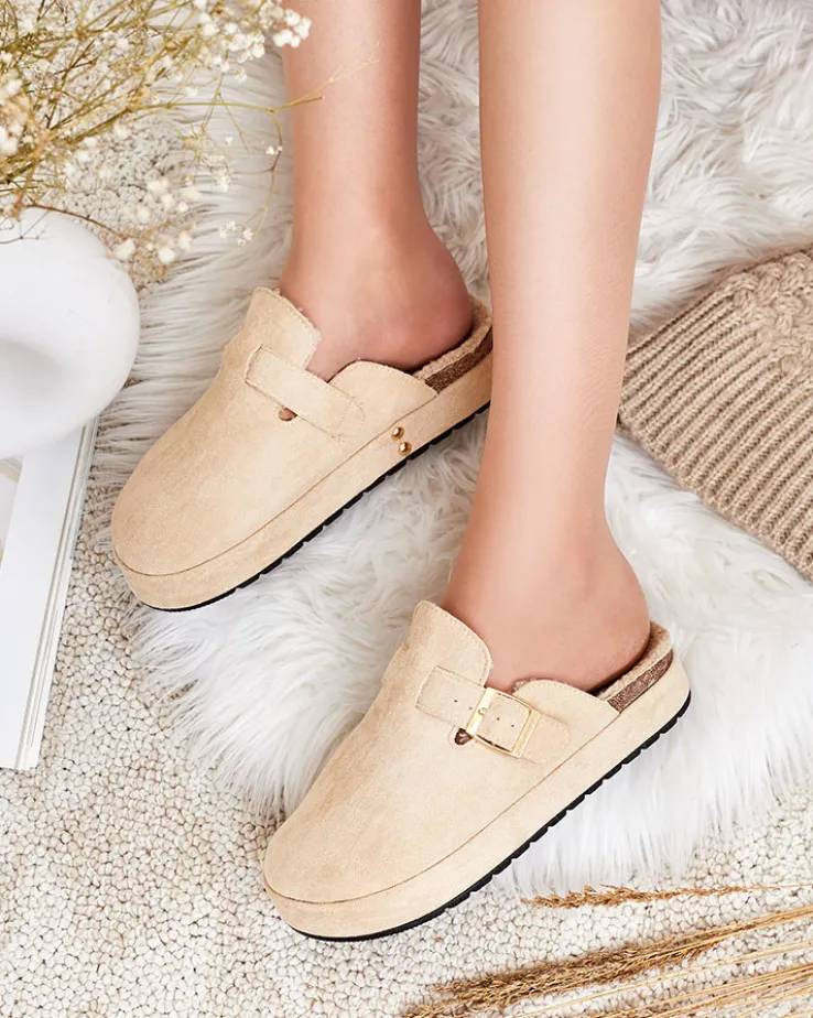 Royalfashion Kapcie damskie z kożuszkiem i klamrą Kajis