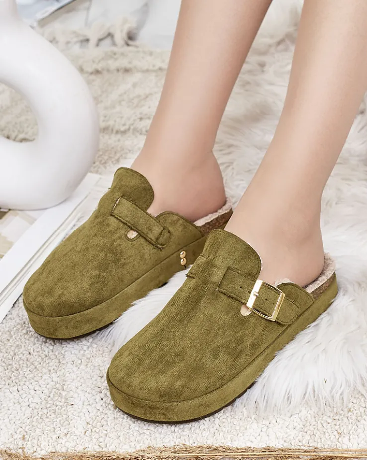 Royalfashion Kapcie damskie z kożuszkiem i klamrą Kajis