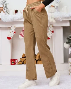 Royalfashion Khaki sztruksowe damskie spodnie materiałowe