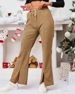 Royalfashion Khaki sztruksowe damskie spodnie materiałowe