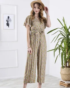 Royalfashion Kolorowy damski długi kombinezon w kwiaty