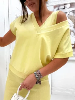 Royalfashion Komplet damski z bluzą odsłaniaj i sukienką do kolan