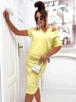 Royalfashion Komplet damski z bluzą odsłaniaj i sukienką do kolan