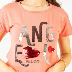 Royalfashion Koralowy damski t-shirt z napisem z cekinów