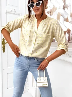 Royalfashion Koszula damska w paski i cytrynki z dekoltem w serek