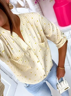 Royalfashion Koszula damska w paski i cytrynki z dekoltem w serek