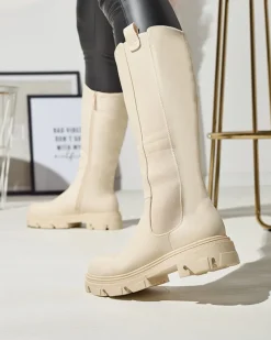 Royalfashion Kremowe damskie kozaki do połowy łydki Vebissa