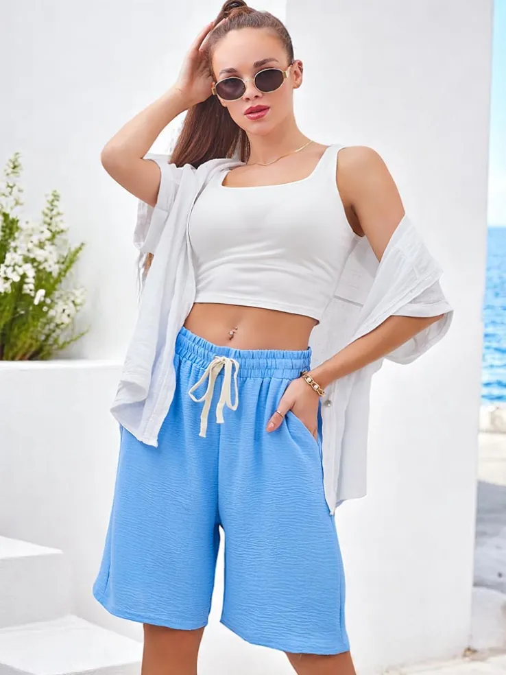 Royalfashion Krótkie spodenki damskie z gumką i troczkami w pasie do kolana