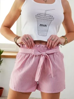 Royalfashion Krótkie spodenki damskie z gumką i troczkami w pasie we wzór w paski
