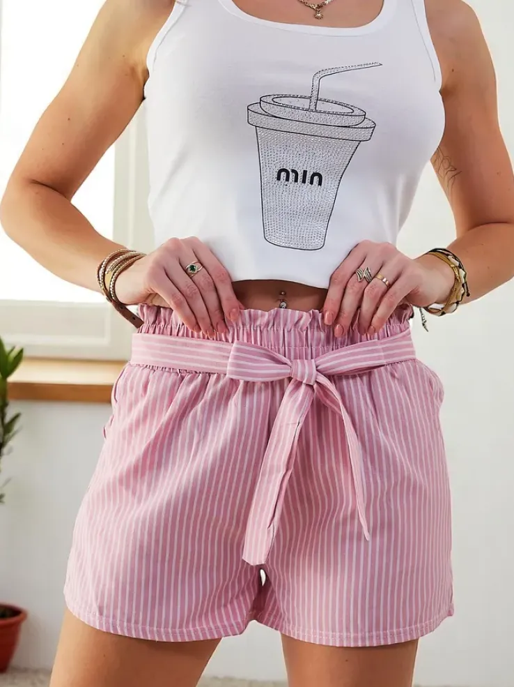 Royalfashion Krótkie spodenki damskie z gumką i troczkami w pasie we wzór w paski