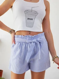 Royalfashion Krótkie spodenki damskie z gumką i troczkami w pasie we wzór w paski