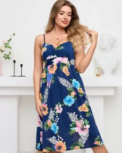 Royalfashion Kwiatowa sukienka do kolan w kolorze granatowym