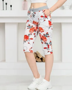 Royalfashion Kwiatowe spodenki damskie 3/4 w kolorze biało- czerwonym