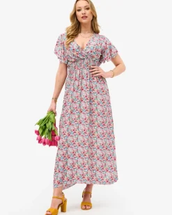 Royalfashion Kwiecista beżowa damska sukienka midi z kopertowym dekoltem