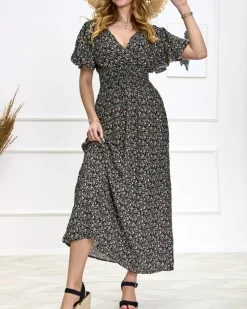 Royalfashion Kwiecista czarna damska sukienka
