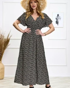 Royalfashion Kwiecista czarna damska sukienka