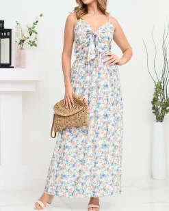 Royalfashion Kwiecista damska sukienka maxi na ramiączkach w kolorze białym