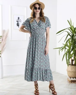 Royalfashion Kwiecista damska sukienka midi w kolorze niebieskim