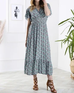 Royalfashion Kwiecista damska sukienka midi w kolorze niebieskim