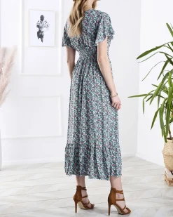 Royalfashion Kwiecista damska sukienka midi w kolorze niebieskim