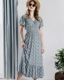 Royalfashion Kwiecista damska sukienka midi w kolorze niebieskim