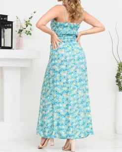 Royalfashion Kwiecista damska sukienka maxi na ramiączkach w kolorze niebieskim
