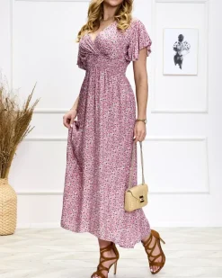 Royalfashion Kwiecista damska różowa sukienka midi