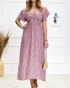 Royalfashion Kwiecista damska różowa sukienka midi