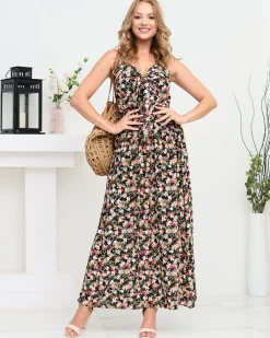 Royalfashion Kwiecista damska sukienka maxi na ramiączkach w kolorze czarnym