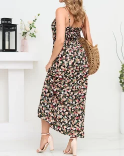 Royalfashion Kwiecista damska sukienka maxi na ramiączkach w kolorze czarnym