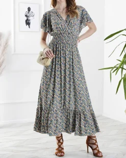 Royalfashion Kwiecista damska sukienka midi w kolorze zielonym