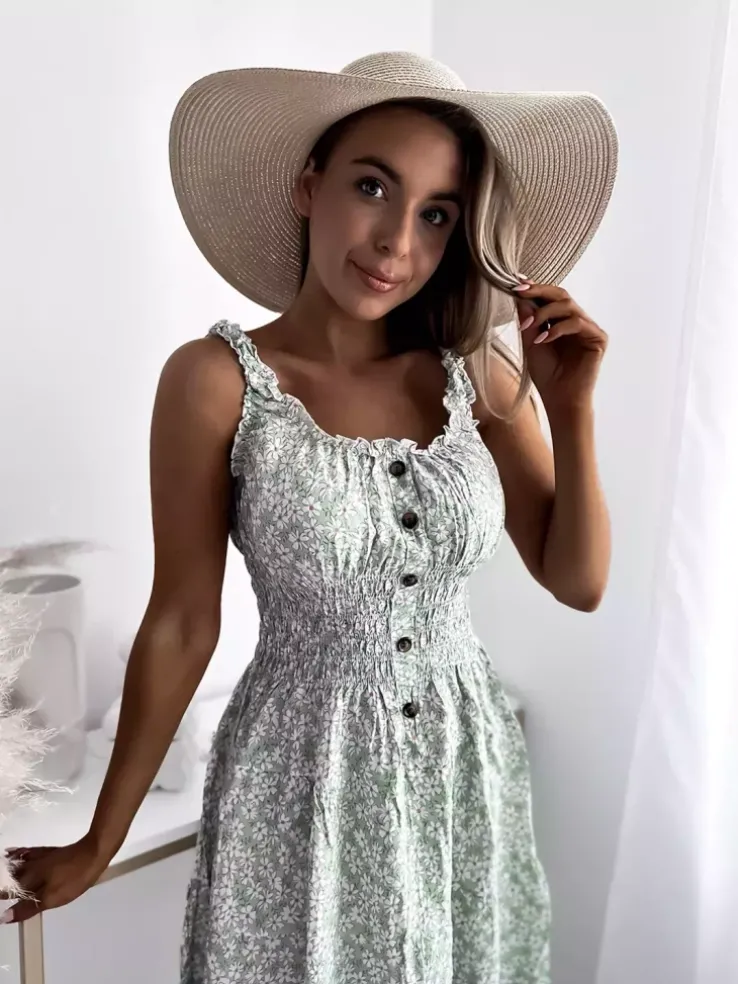 Royalfashion Kwiecista miętowa sukienka damska za kolano