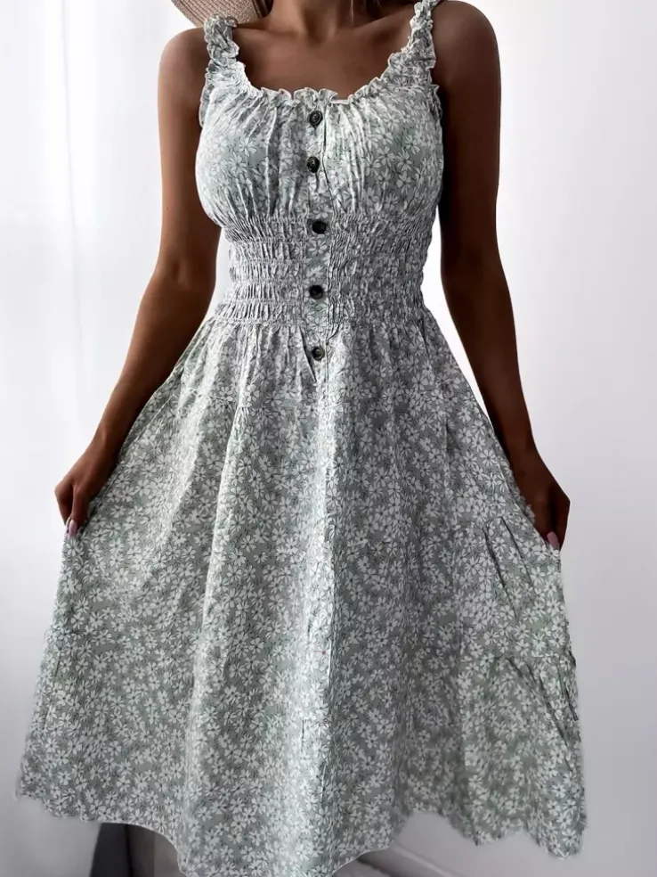 Royalfashion Kwiecista miętowa sukienka damska za kolano