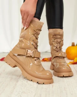 Royalfashion Lakierowane botki damskie w kolorze jasnobrązowym Setogy