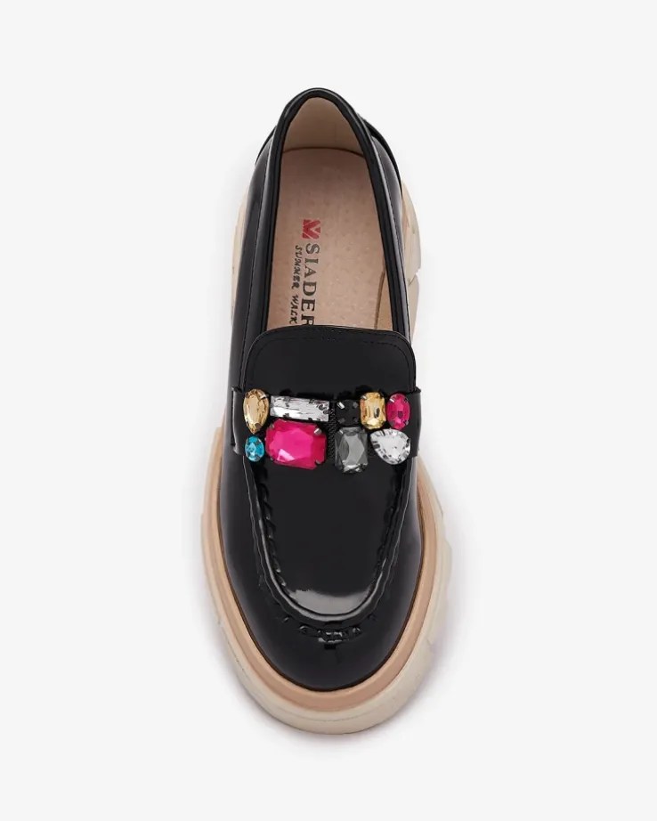 Royalfashion Lakierowane czarne mokasyny z kolorowymi kamyczkami Sarix