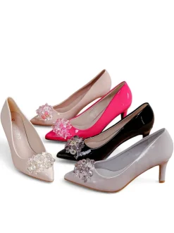 Royalfashion Lakierowane damskie czółenka na szpilce z koralikami Enzas