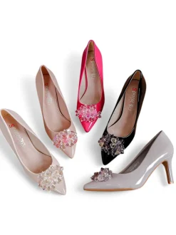 Royalfashion Lakierowane damskie czółenka na szpilce z koralikami Enzas