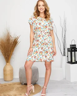 Royalfashion Letnia damska biała sukienka w kwiaty