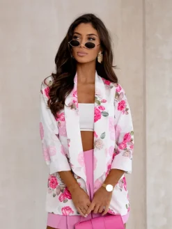 Royalfashion Marynarka damska bez zapięcia z kwiatami róży