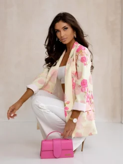 Royalfashion Marynarka damska bez zapięcia z kwiatami róży