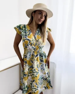Royalfashion Musztardowa sukienka damska mini z printem w kwiaty