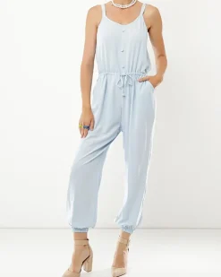 Royalfashion Niebieski damski bawełniany kombinezon z guzikami