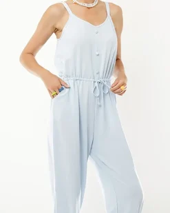 Royalfashion Niebieski damski bawełniany kombinezon z guzikami