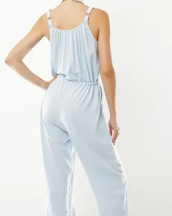 Royalfashion Niebieski damski bawełniany kombinezon z guzikami