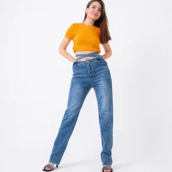 Royalfashion Niebieskie damskie spodnie jeansowe boyfriendy z ozdobnym paskiem