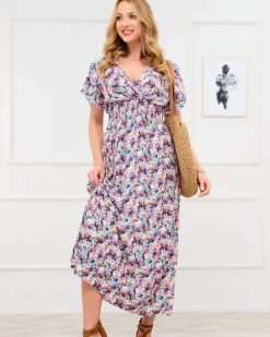 Royalfashion Niebiesko- różowa damska sukienka maxi w kwiaty