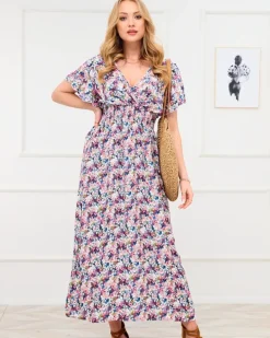 Royalfashion Niebiesko- różowa damska sukienka maxi w kwiaty