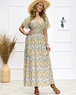 Royalfashion Niebiesko-żółta damska kwiecista sukienka midi